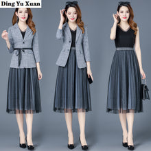 Load image into Gallery viewer, 2020 Spring Autumn Blazer Dress Suits Women 2 Piece Set Elegant Plaid Jacket and Knee Length Long Mesh Dresses Women Casual Work