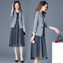 Load image into Gallery viewer, 2020 Spring Autumn Blazer Dress Suits Women 2 Piece Set Elegant Plaid Jacket and Knee Length Long Mesh Dresses Women Casual Work