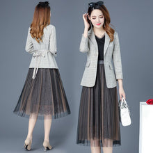 Load image into Gallery viewer, 2020 Spring Autumn Blazer Dress Suits Women 2 Piece Set Elegant Plaid Jacket and Knee Length Long Mesh Dresses Women Casual Work