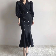 Load image into Gallery viewer, Korean Vintage Double Breasted Long Suit Dress Women Puff Sleeve Notched Collar Belted Mermaid Dresses Vestido Mujer 2020 Spring