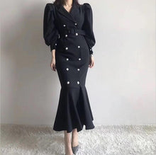Load image into Gallery viewer, Korean Vintage Double Breasted Long Suit Dress Women Puff Sleeve Notched Collar Belted Mermaid Dresses Vestido Mujer 2020 Spring