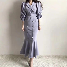 Load image into Gallery viewer, Korean Vintage Double Breasted Long Suit Dress Women Puff Sleeve Notched Collar Belted Mermaid Dresses Vestido Mujer 2020 Spring