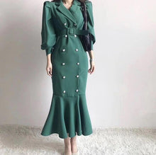 Load image into Gallery viewer, Korean Vintage Double Breasted Long Suit Dress Women Puff Sleeve Notched Collar Belted Mermaid Dresses Vestido Mujer 2020 Spring