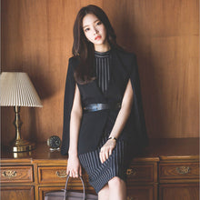 Load image into Gallery viewer, Women Blazer Dress Suits Office Work Black Cloak Shawl Jacket With Sashes and Vertical Striped Dress 2pcs Set OL Business Suits