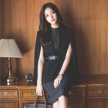 Load image into Gallery viewer, Women Blazer Dress Suits Office Work Black Cloak Shawl Jacket With Sashes and Vertical Striped Dress 2pcs Set OL Business Suits