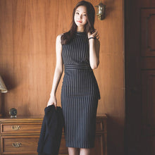 Load image into Gallery viewer, Women Blazer Dress Suits Office Work Black Cloak Shawl Jacket With Sashes and Vertical Striped Dress 2pcs Set OL Business Suits